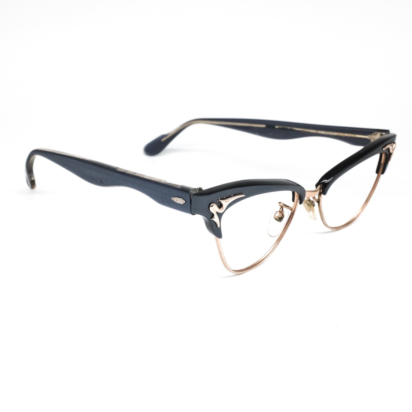 Bausch and Lomb B&L cello eyeglasses frames in clubmaster and cateye design with golden details, 1980s NOS USA