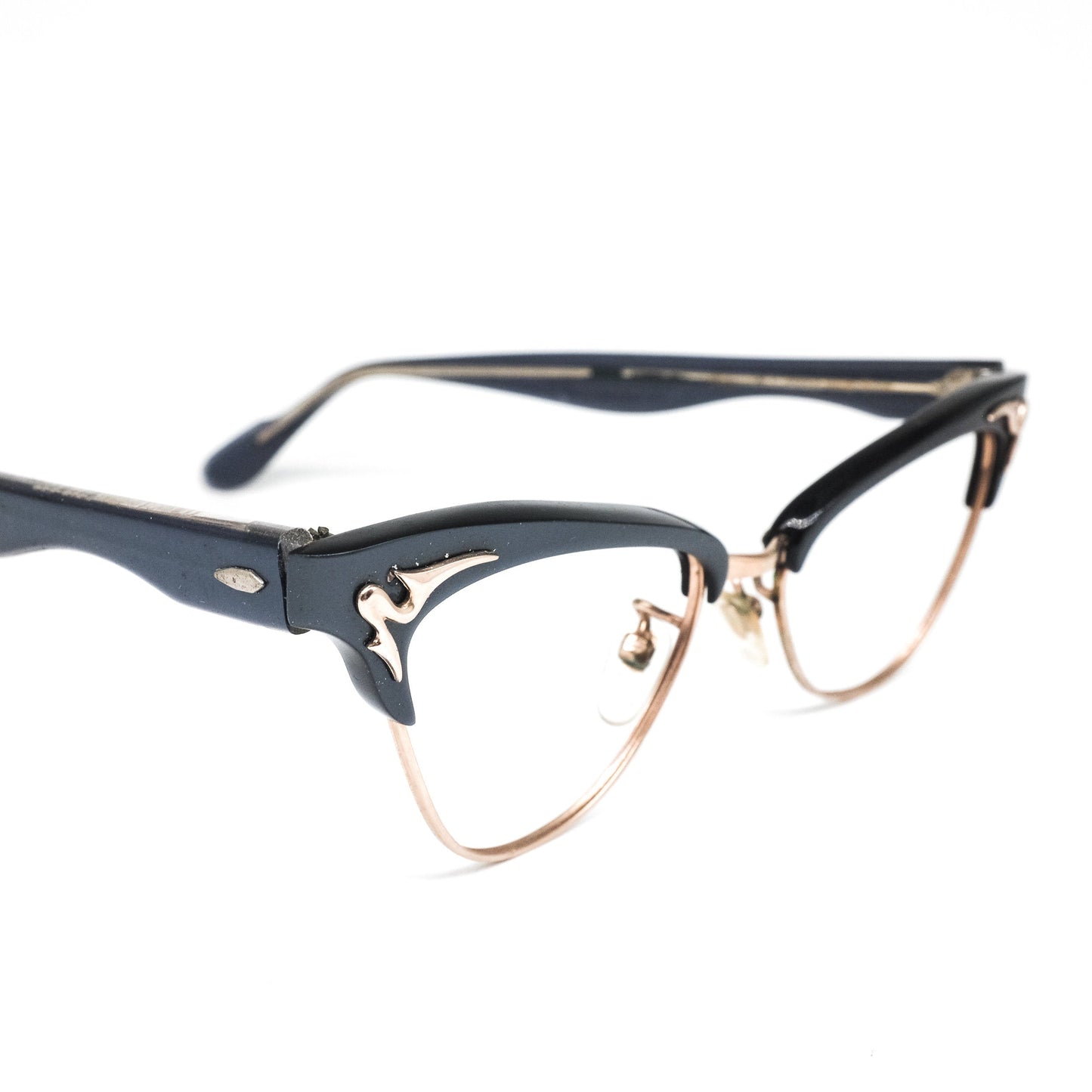 Bausch and Lomb B&L cello eyeglasses frames in clubmaster and cateye design with golden details, 1980s NOS USA