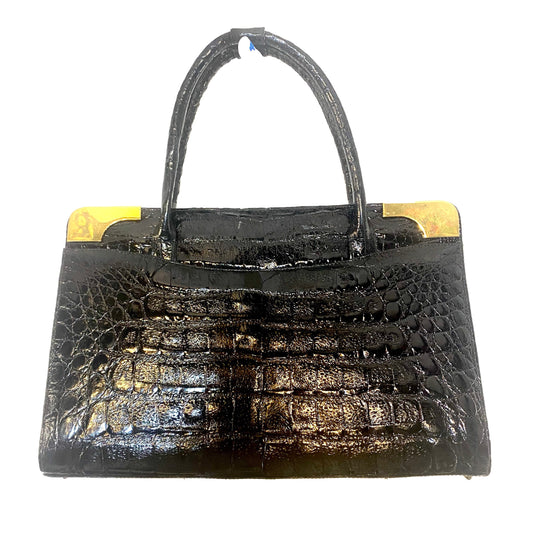 Vintage 70s black / gold alligator hand bag, in mint condition