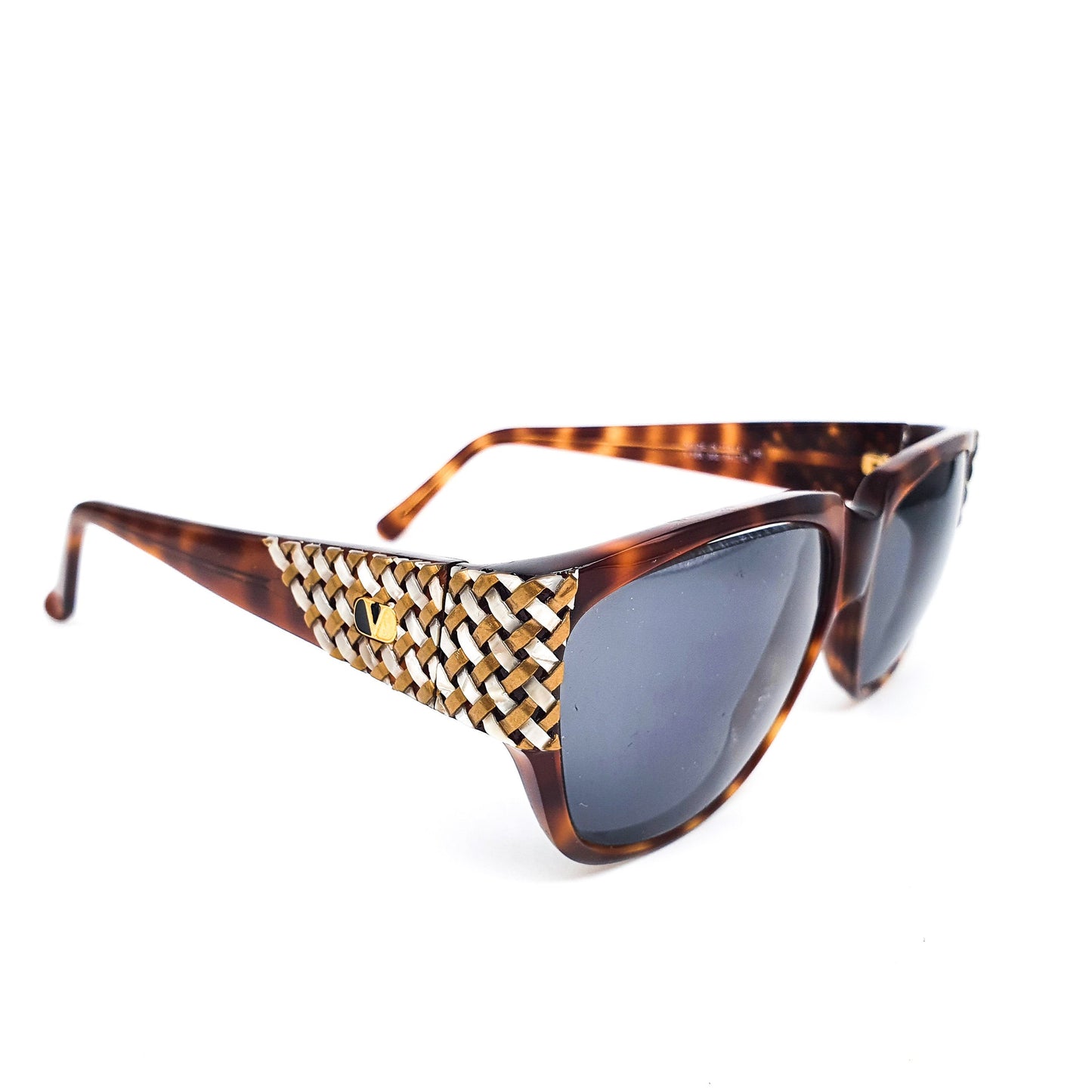 Valentino square oversized tortoise celluloid sunglasses with outstanding gold / pearl weaving detail, Italy 1990s NoS