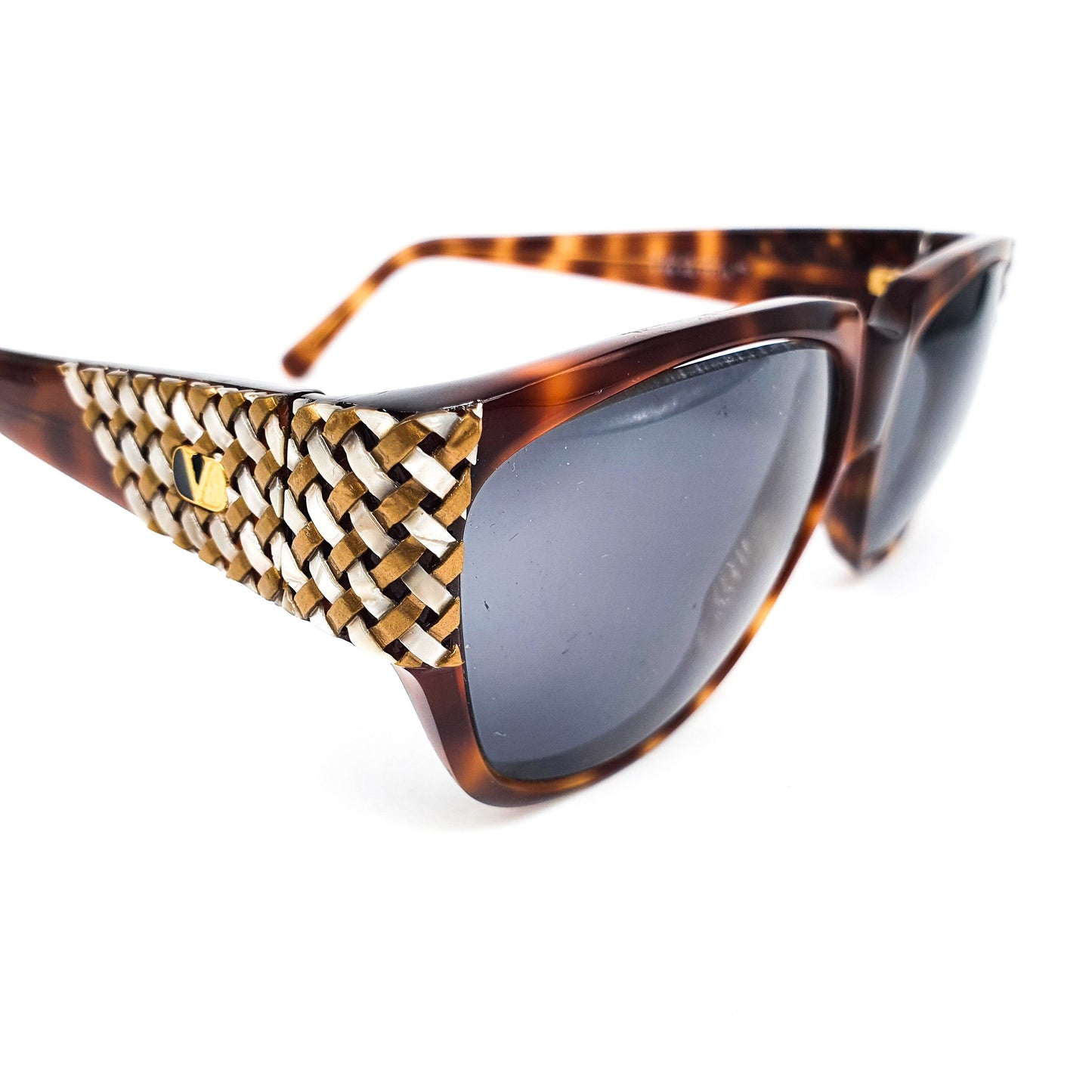 Valentino square oversized tortoise celluloid sunglasses with outstanding gold / pearl weaving detail, Italy 1990s NoS