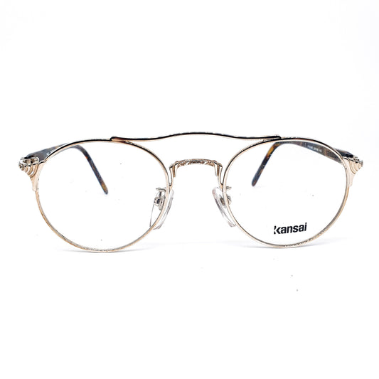 Kansai minimalist round metallic aviator metal eyeglasses with acetate tortoise temples made in Japan, 1980s NOS