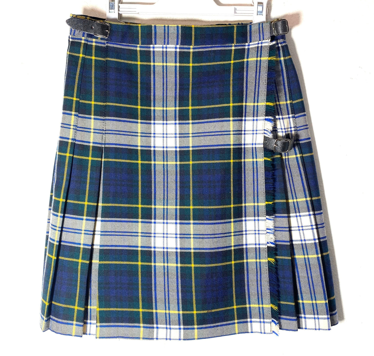 Authentic UK made Scottish wool Blue plaid tartan plissed mini skirt with leather straps, mint condition size 10