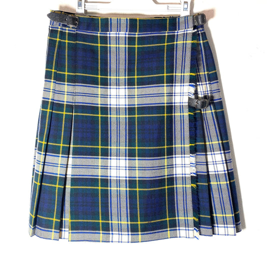 Authentic UK made Scottish wool Blue plaid tartan plissed mini skirt with leather straps, mint condition size 10