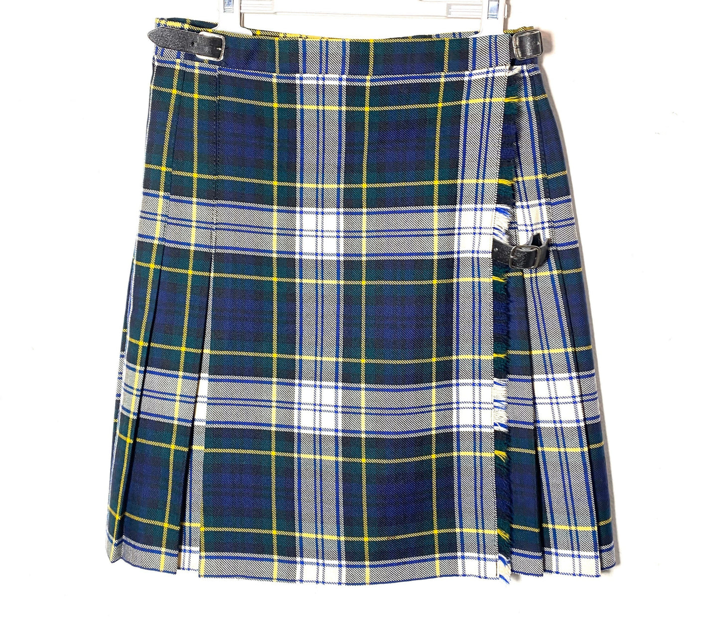 Authentic UK made Scottish wool Blue plaid tartan plissed mini skirt with leather straps, mint condition size 10