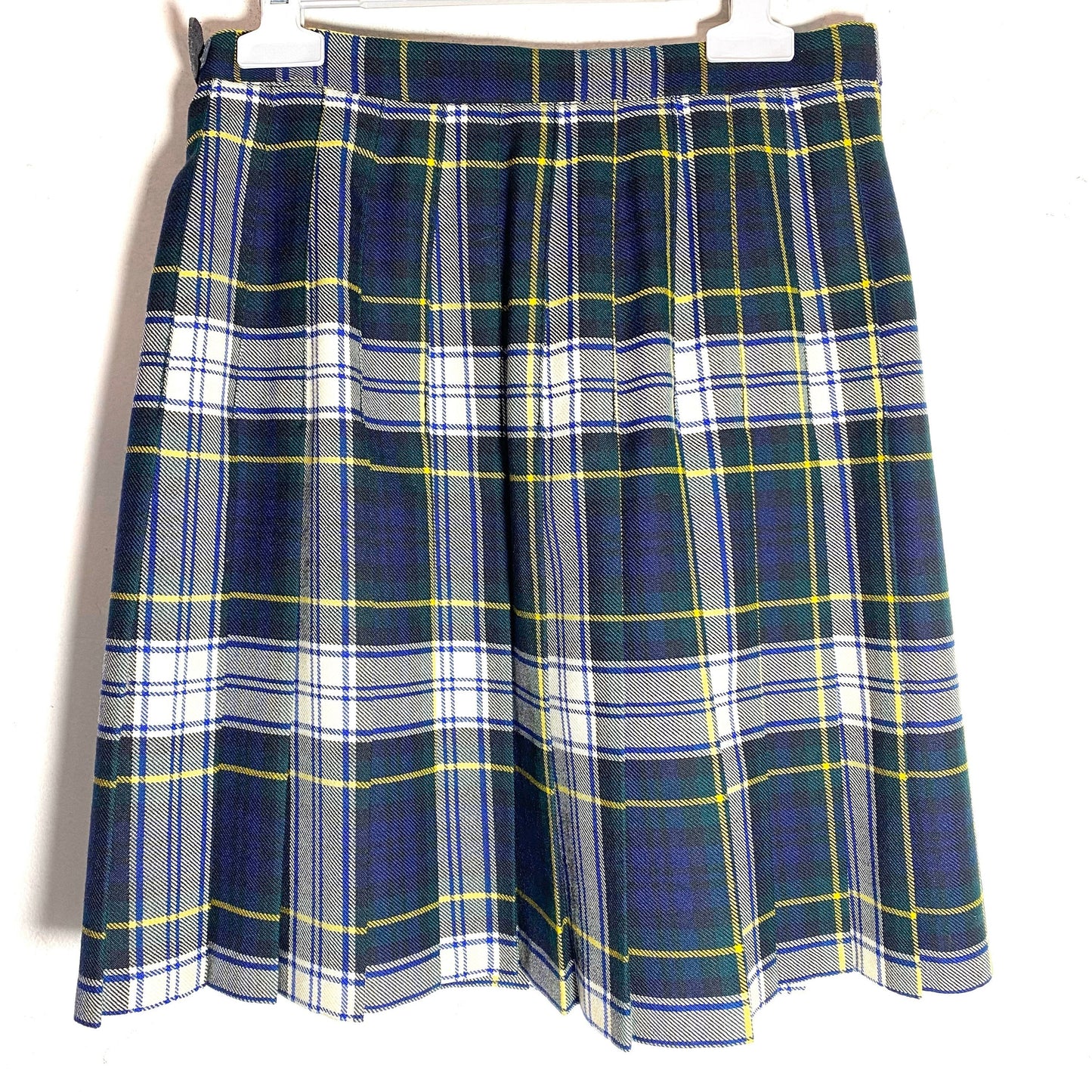 Authentic UK made Scottish wool Blue plaid tartan plissed mini skirt with leather straps, mint condition size 10