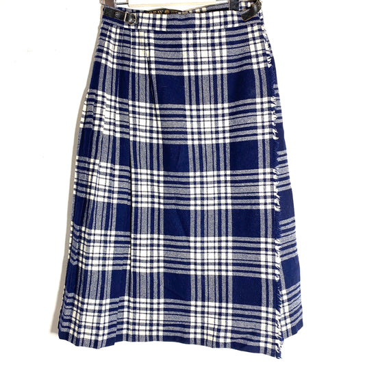 Gor-Ray blue-white kilt style checkered / tartan long skirt with leather straps, mint condition, 80s made in Uk
