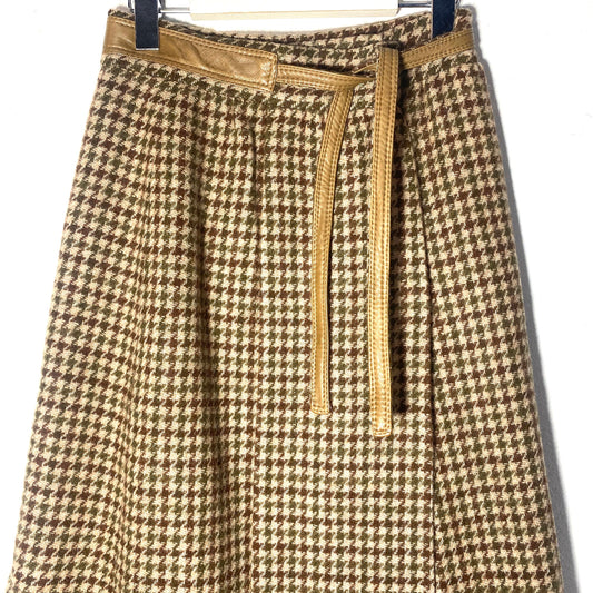 1970s NOS brown/beige houndstooth long wool skirt with leather strap, new with tags