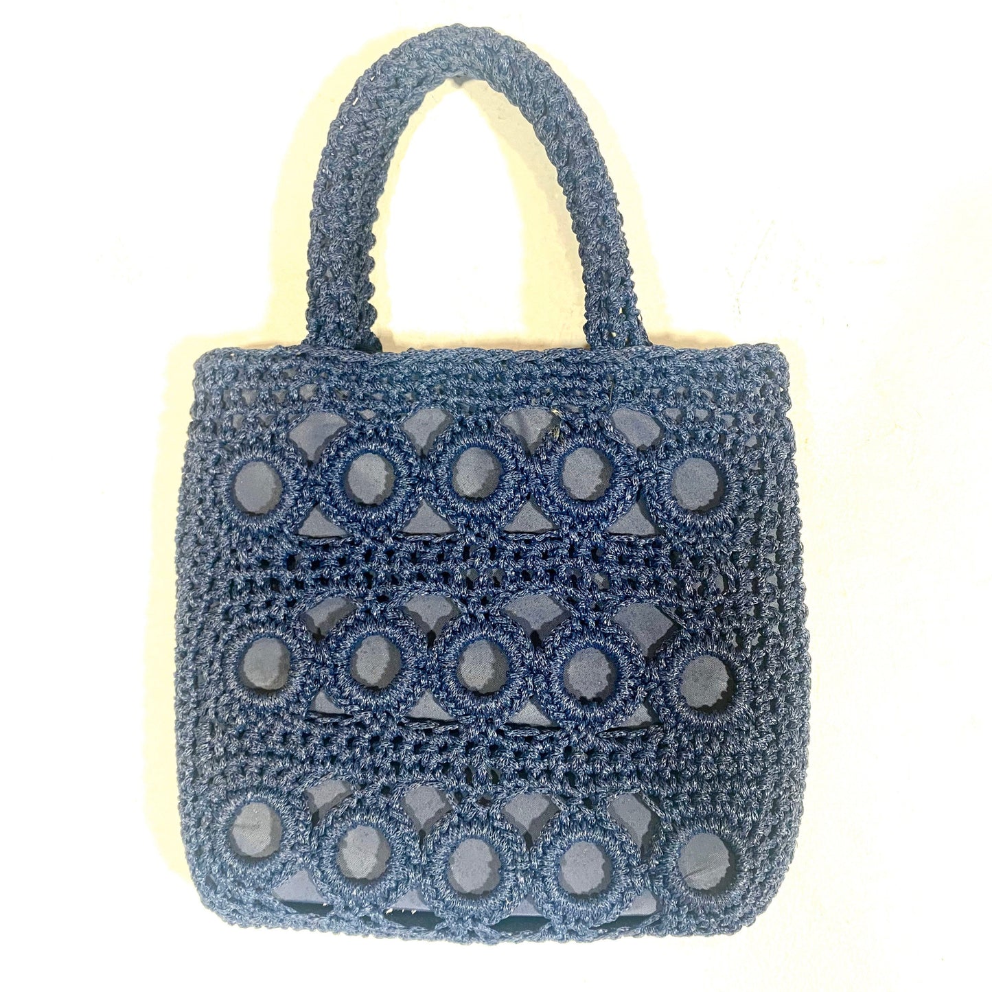 1960s Deep navy blue crochet / macramé cloth bag, in mint condition, made in Italy
