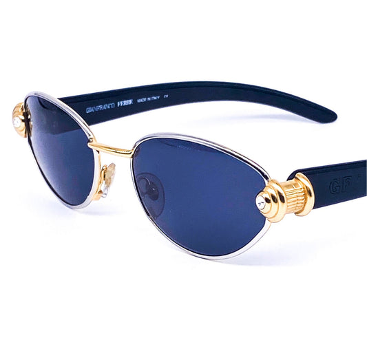 Gianfranco Ferrè GFF 269 oval gold and silver metal frame sunglasses with black acetate temples and golden hinges NOS 1990s Italy.