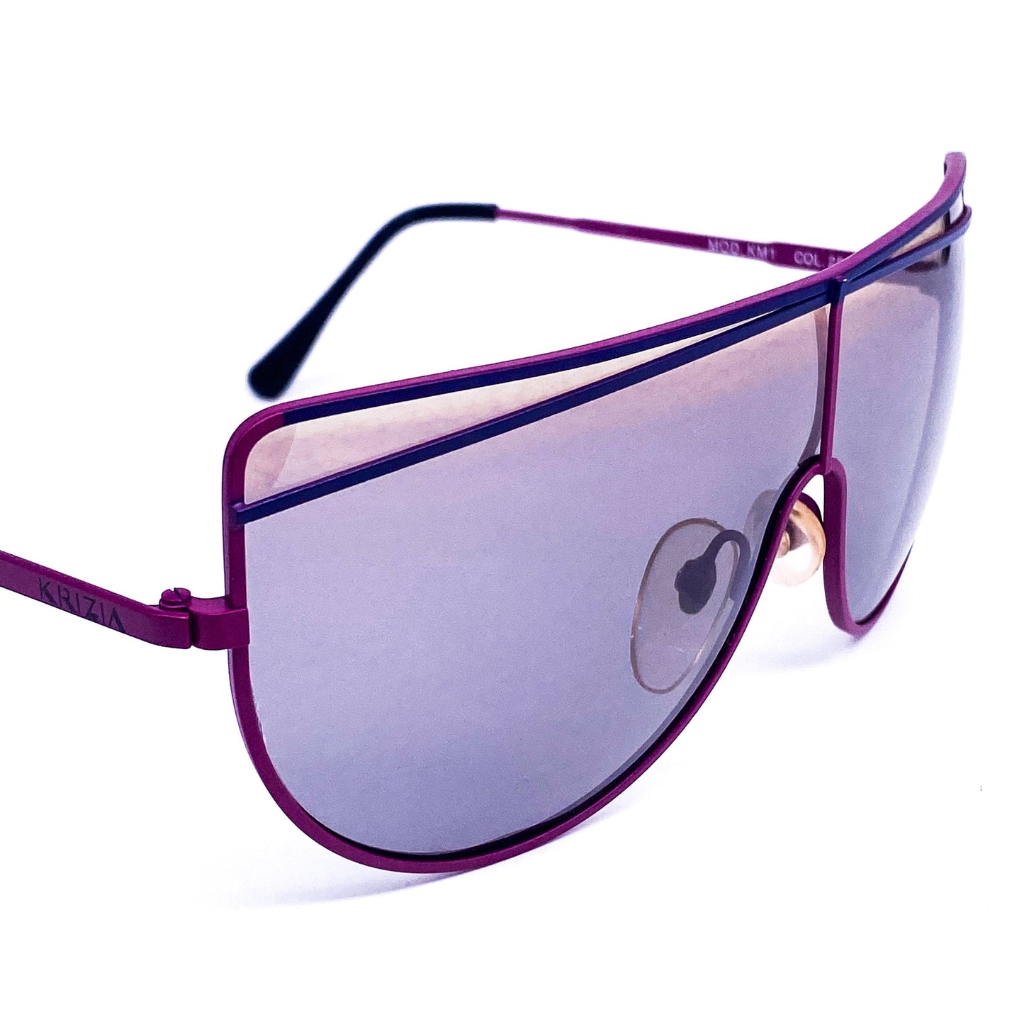 Krizia vintage thin purple metal frame shield wrapping sunglasses with double flat browline design, 1980s NOS made in Italy