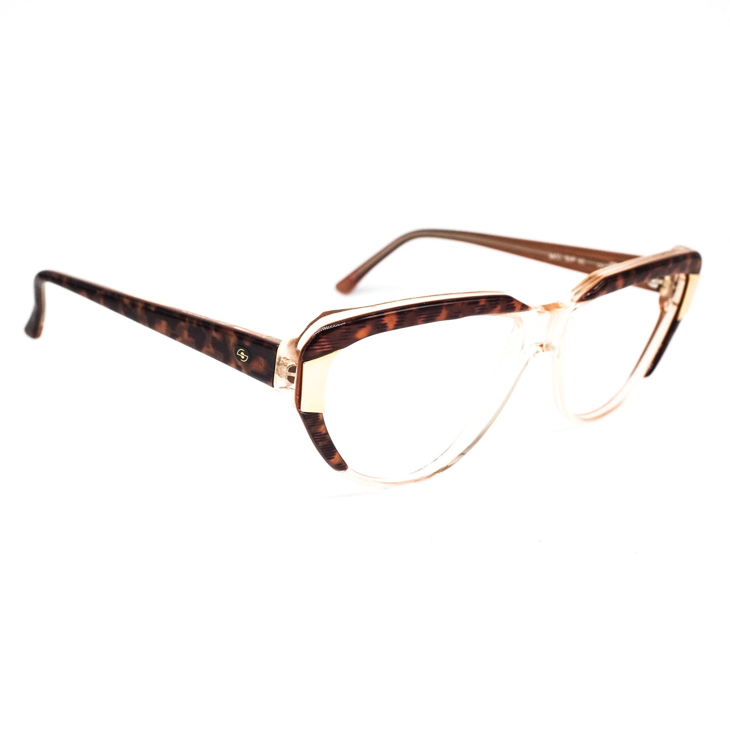 Soline SVP45 vintage teardrop shape brown tortoise cello eyeglasses frames with golden metal details Made in Italy, NOS 1990s