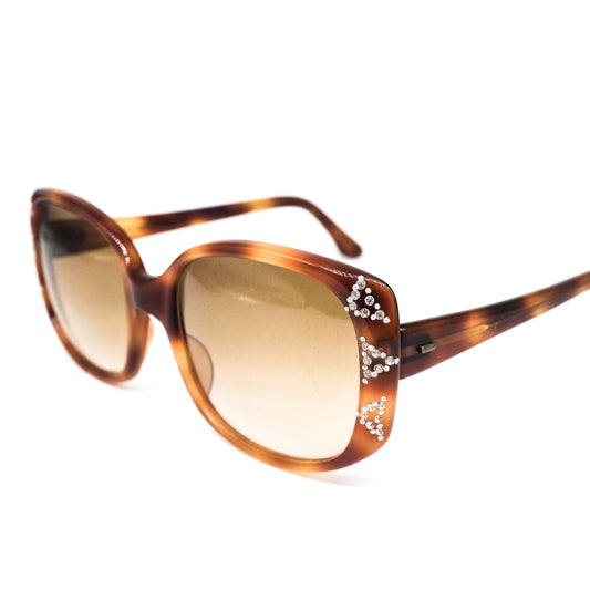 Vintage brown tortoise cello sunglasses with large square lenses in butterfly style rim design enriched with rhinestones. NOS 80s