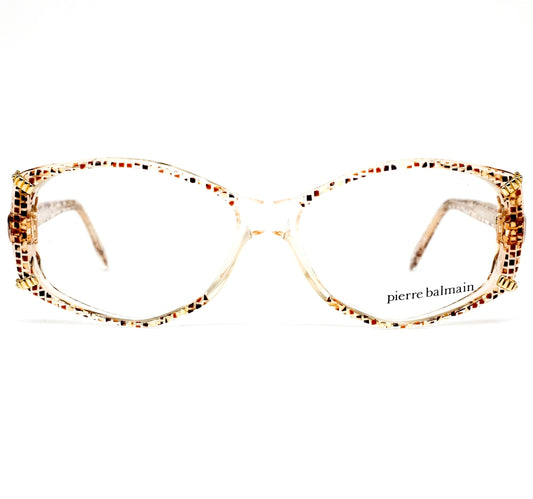 Pierre Balmain 2107 oval square eyeglasses frames built in clear acetate enriched with small square patterns, NOS 80s Made in France