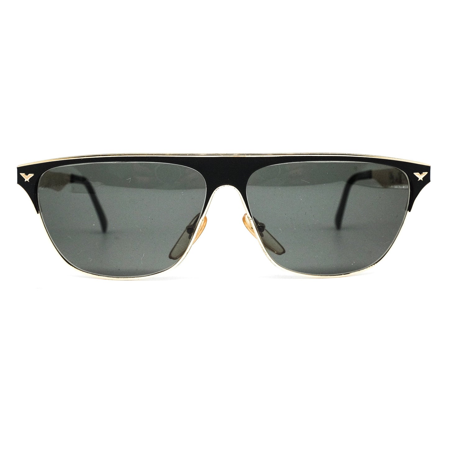 Vogart by Police m1026 trapezoid golden metallic  sunglasses in black with flat browline, 1980s NOS Italy