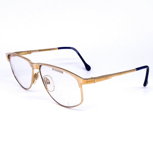 Jil Sander gold metallic oval eyeglasses frames with deep blue temple tips, Italy 80s NOS