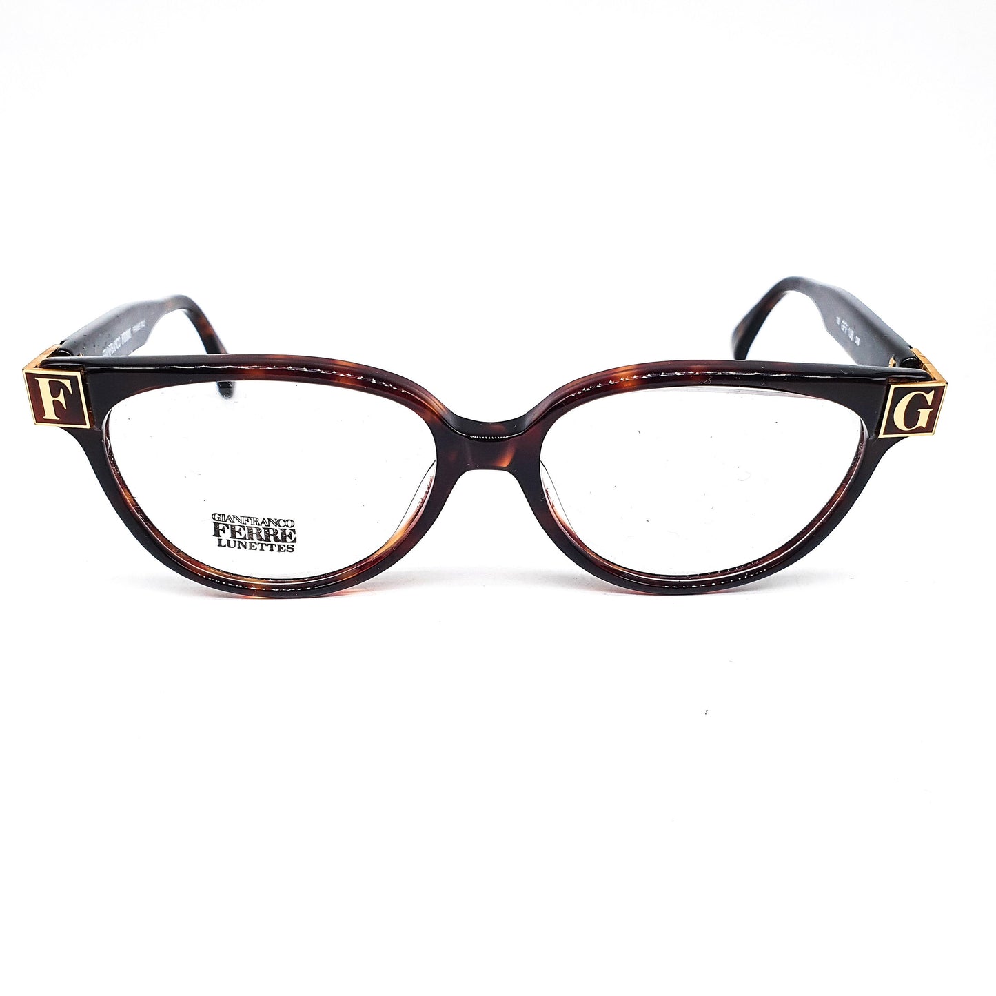 Gianfranco Ferré GFF106 tortoise eyeglasses frames with huge branding details hand made in Italy, 1980s nos