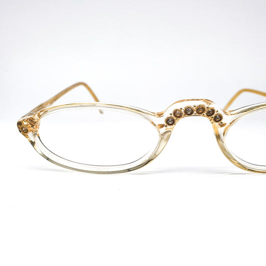 Gambini clear half moon reading glasses with crystal details on the nose bridge and hinges, 80s NOS