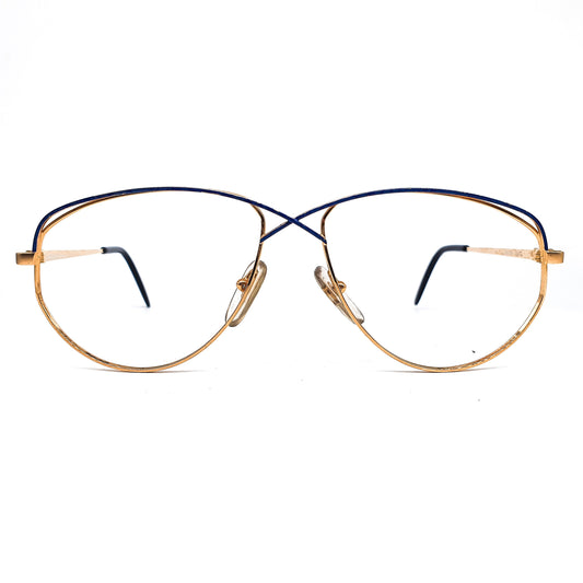 YSL Saint Laurent 393 large silm golden metallic droplet eyeglasses frames with unusual black crossed nose bridge design, 1980s NOS France.