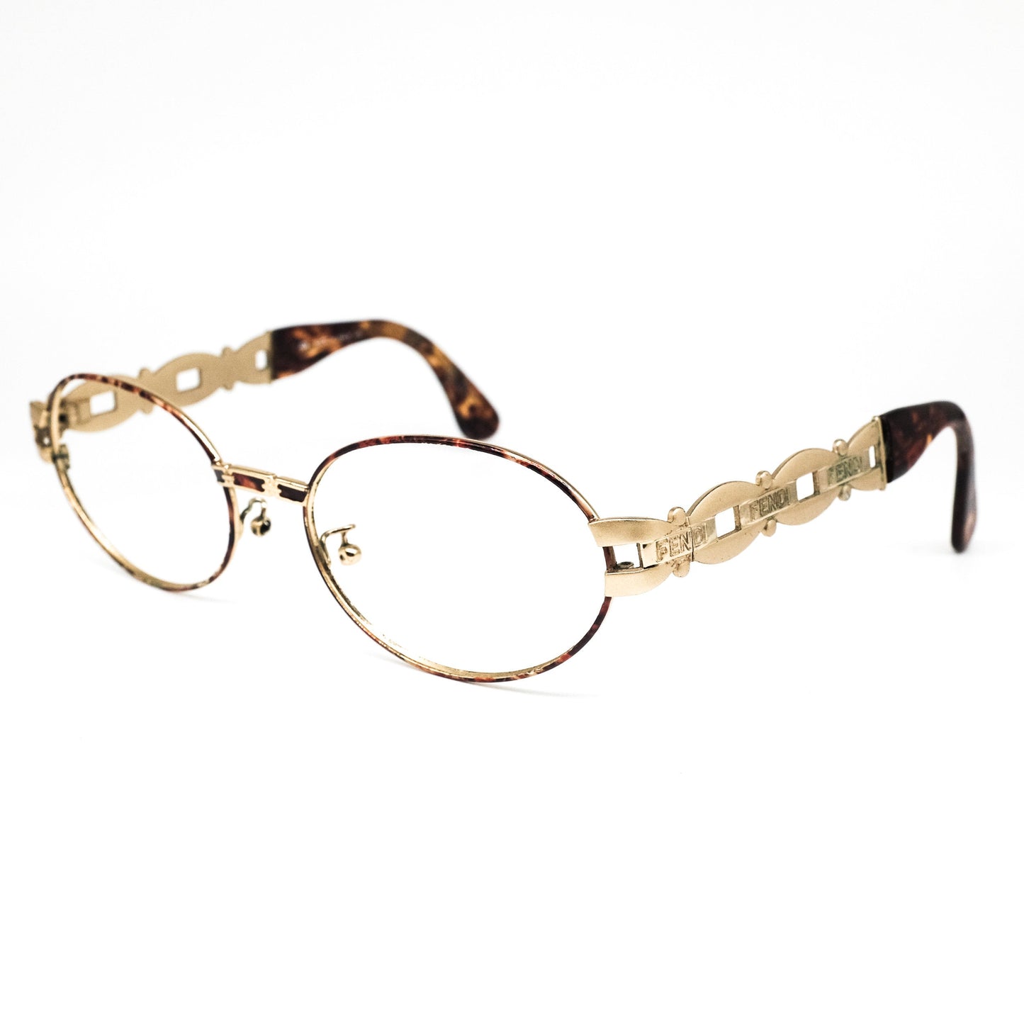 Fendi SL 7058 oval satin gold eyeglasses frames with cutoff logo details on temples, 90s great condition