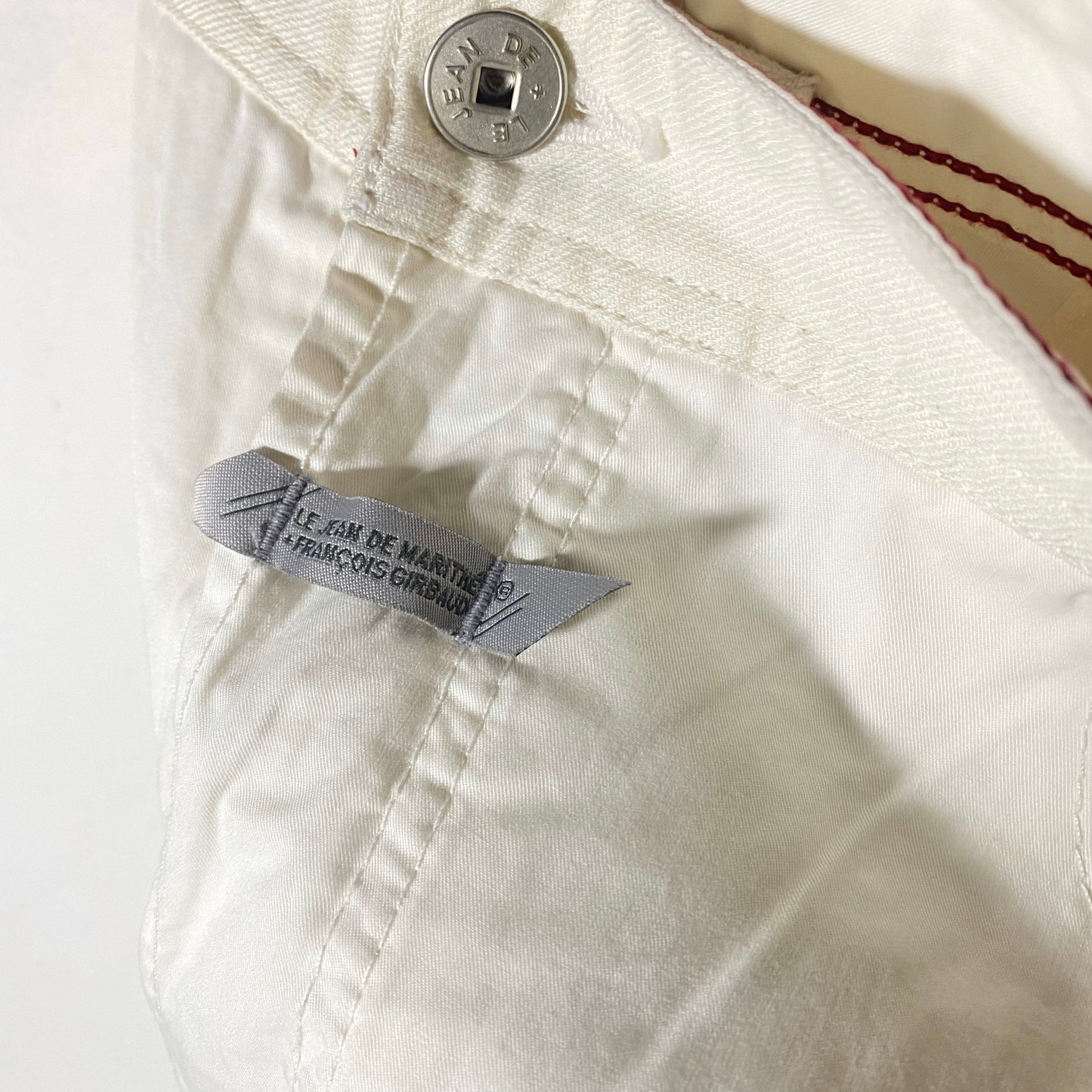 Marithe F. Girbaud 90s NWT white cotton trousers, cool pattern with denim waist and pockets and reinforced knees