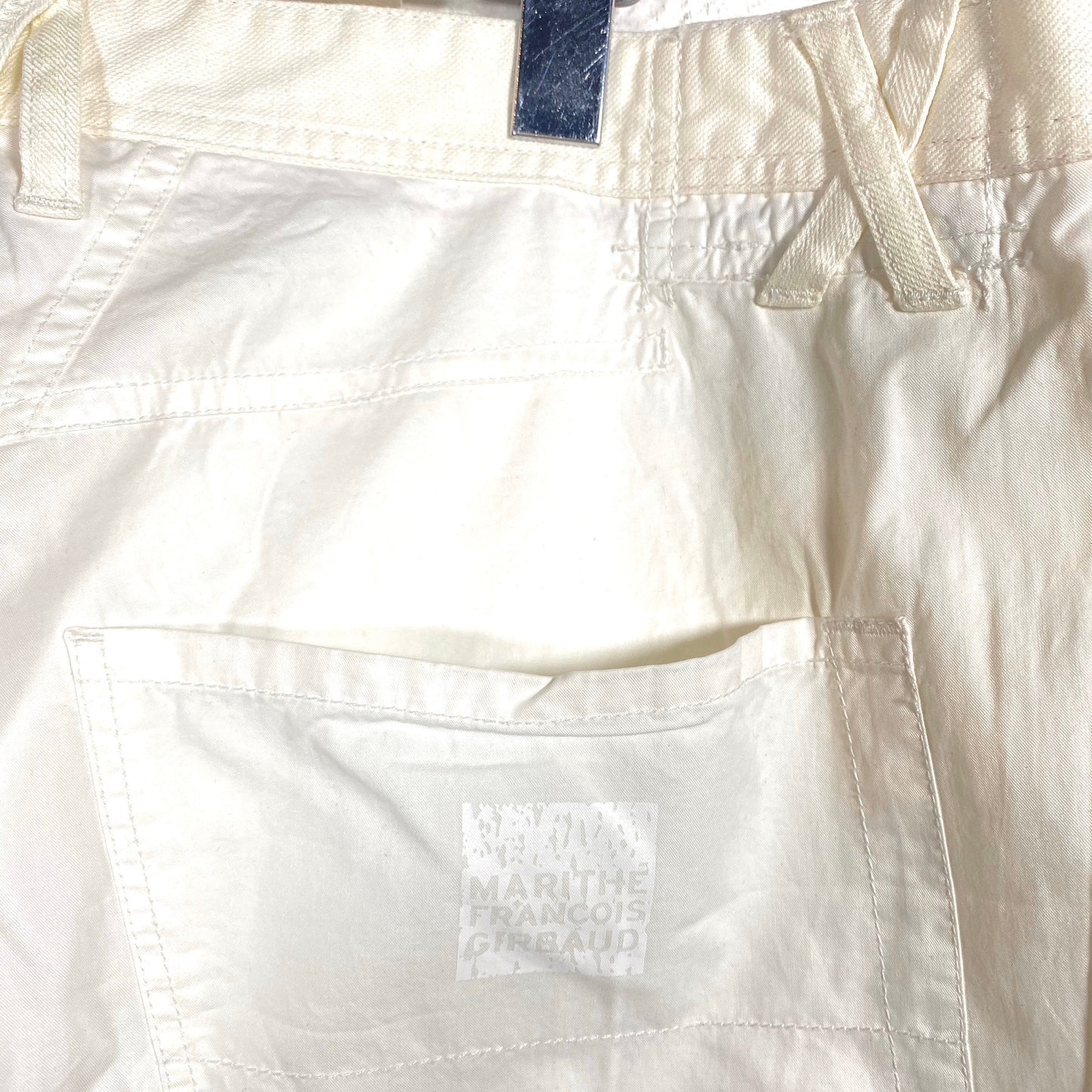 Marithe F. Girbaud 90s NWT white cotton trousers, cool pattern with denim waist and pockets and reinforced knees