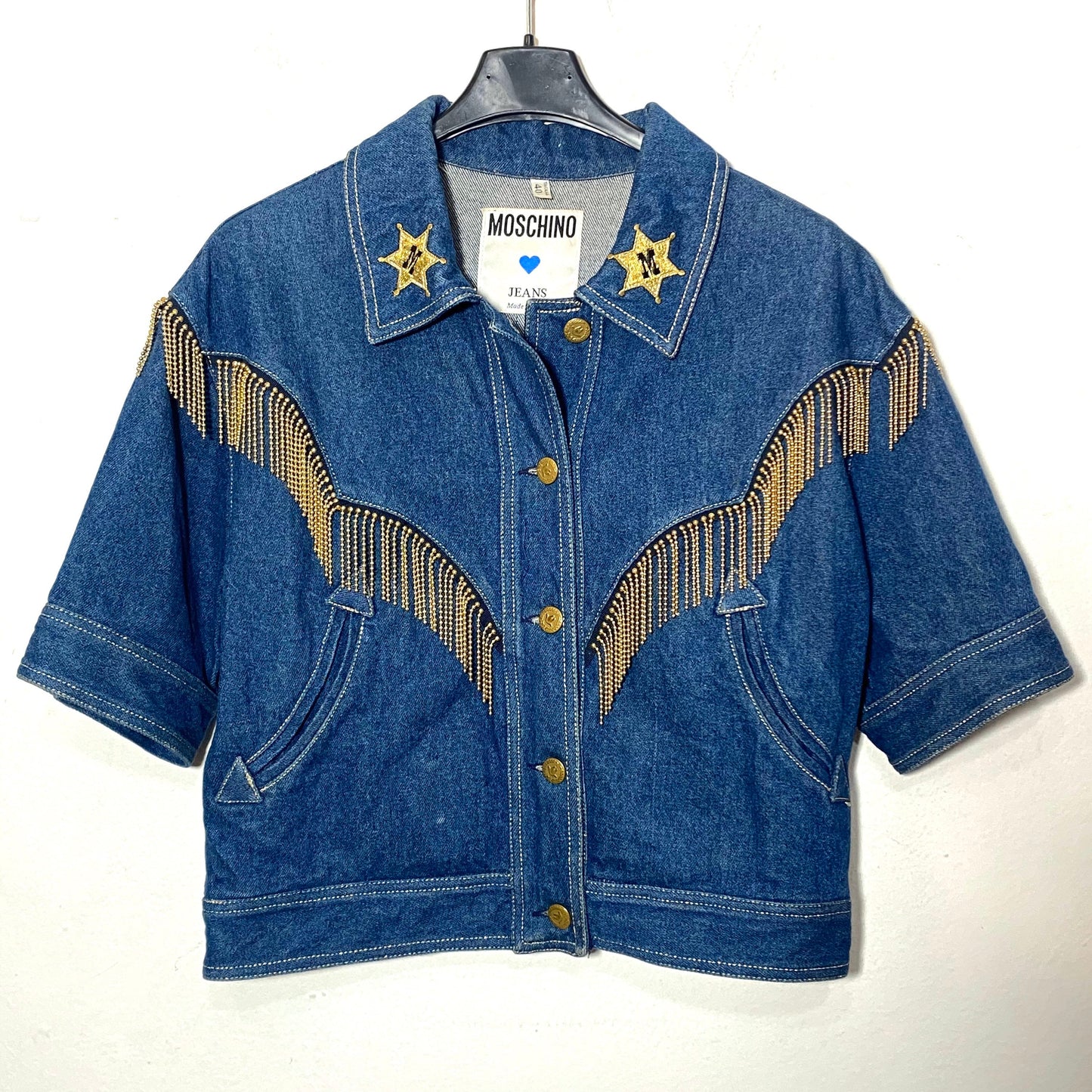 Moschino Jeans rare cowboy style denim jacket with golden fringes, collectible piece, 90z and mint