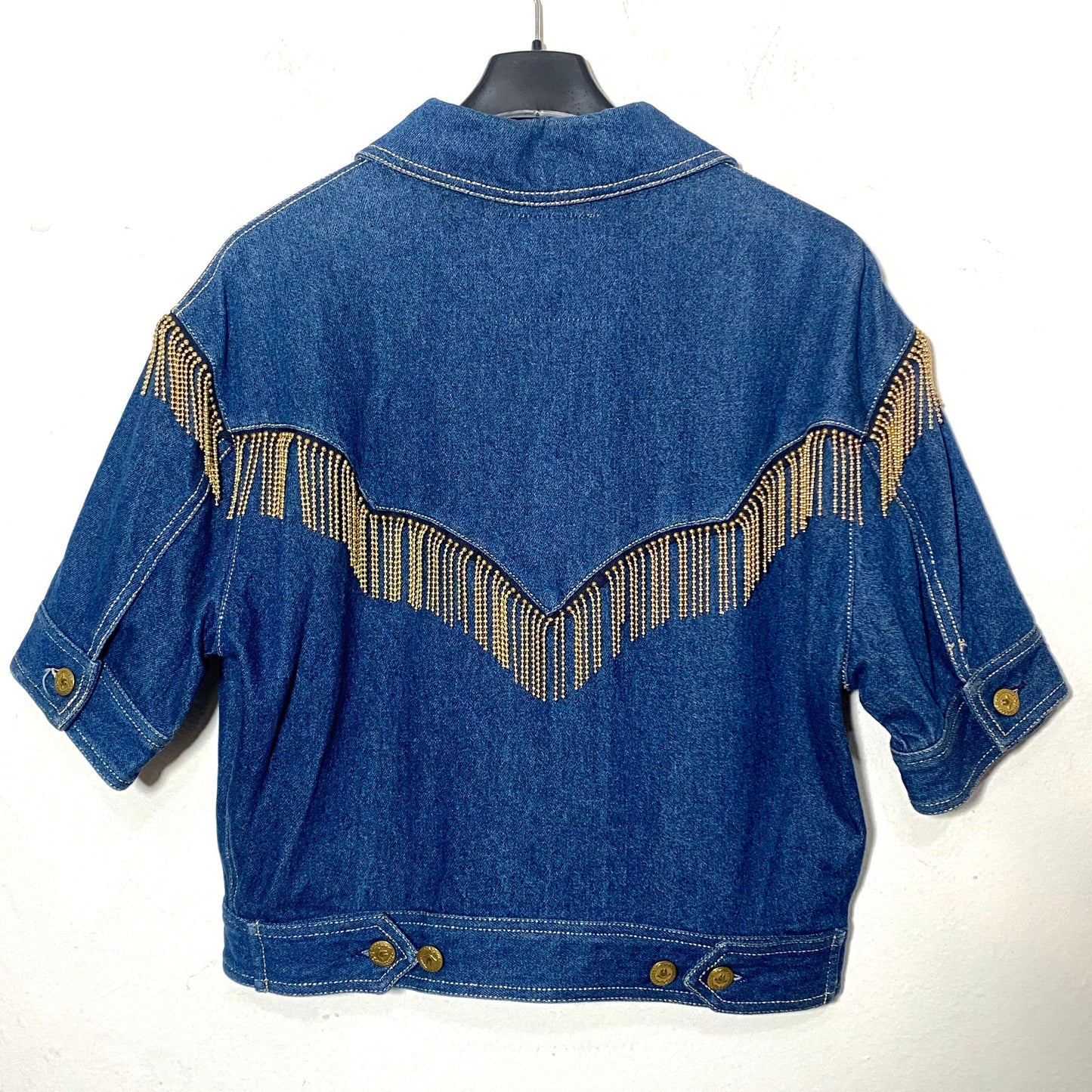 Moschino Jeans rare cowboy style denim jacket with golden fringes, collectible piece, 90z and mint