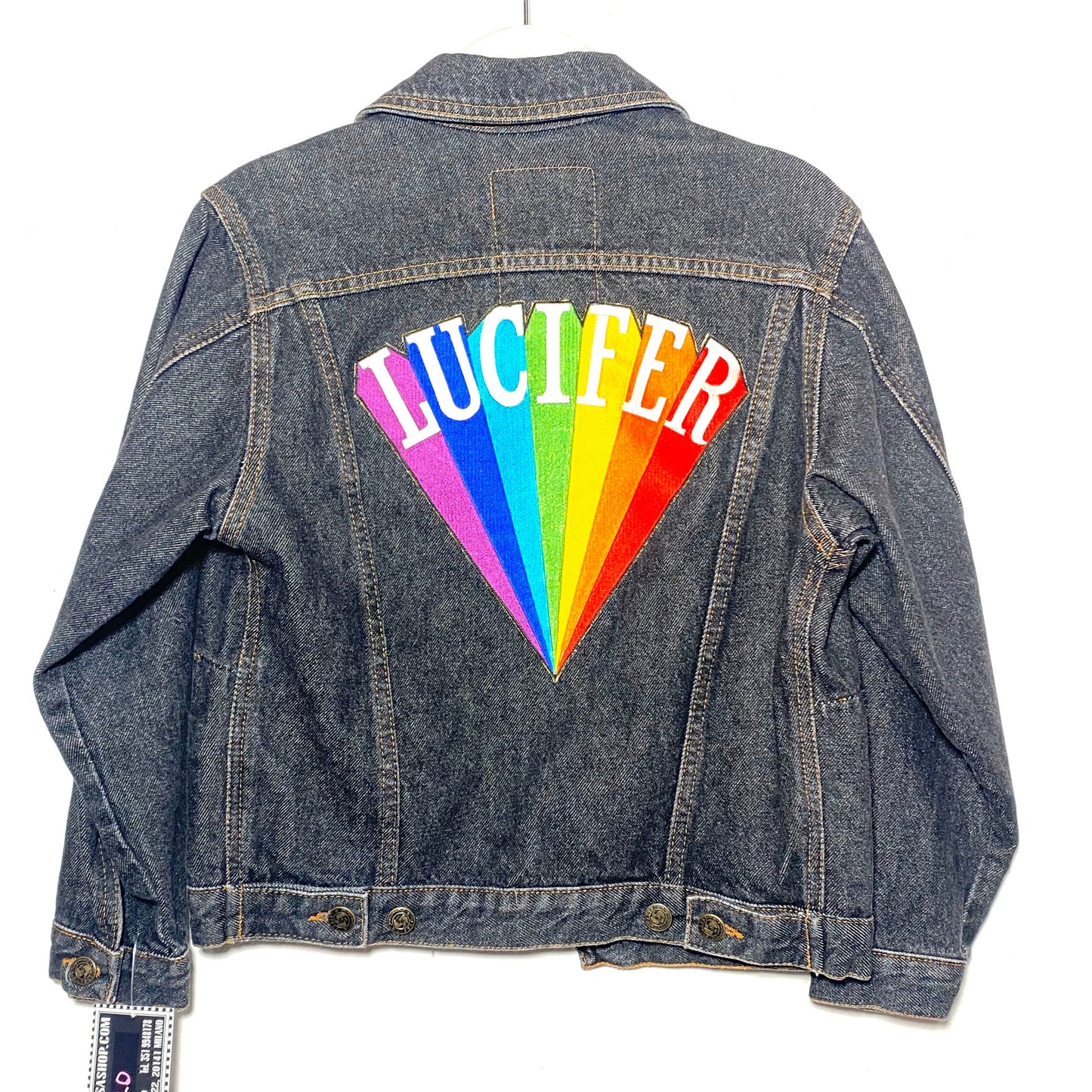 Lucifer anger patched ladies grey denim trucker jacked by Jessi INLT, made in. italy in the 80s, perfect