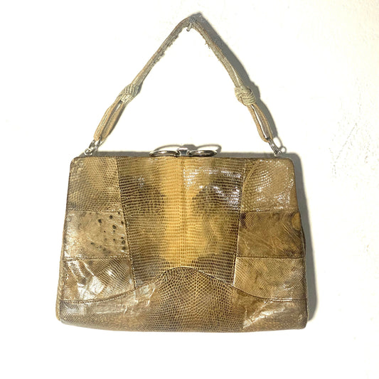 Vintage 60s Lizard patchwork pouch / clutch bag, beautiful metal ring clasp, good condition