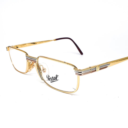 Persol Ratti Landor golden metallic square eyeglasses frames hand made in Italy with special nose bridge and hinges, 1980s NOS