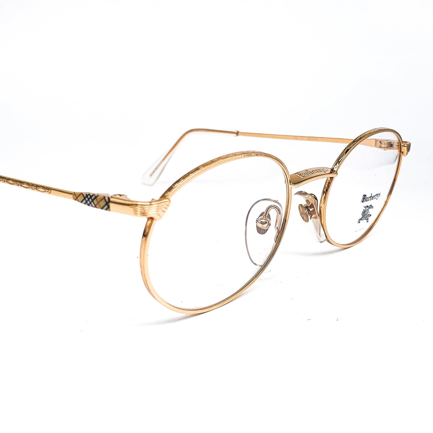 Burberrys B56-01 vintage modernist golden metallic oval eyeglasses frames with classic tartan on the temples, NOS 90s France