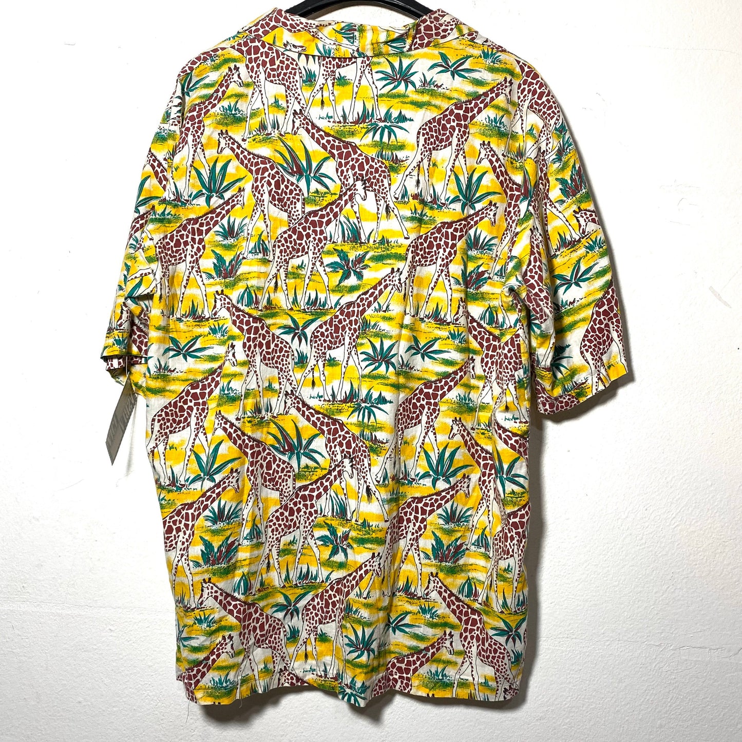 Max Rob safari-savana giraffes print yellow aloha shirt, pure cotton, 80s mint condition