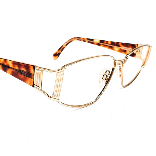 YSL Saint Laurent y101 golden square drop shape metal eyeglasses frames with bold brown tortoise temples.