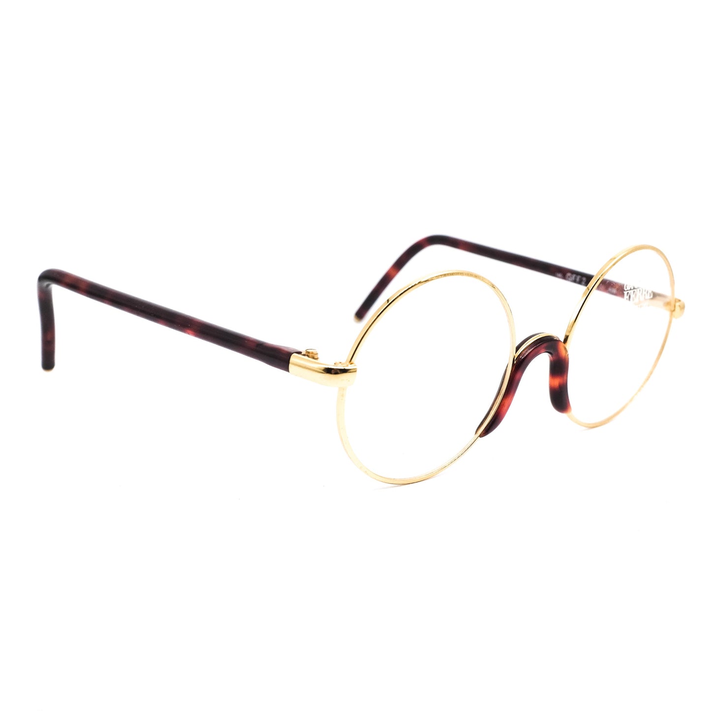 Gianfranco Ferre GFF 2 classic round cello eyeglasses with golden rim and brown tortoise body, 1980s NOS Italy