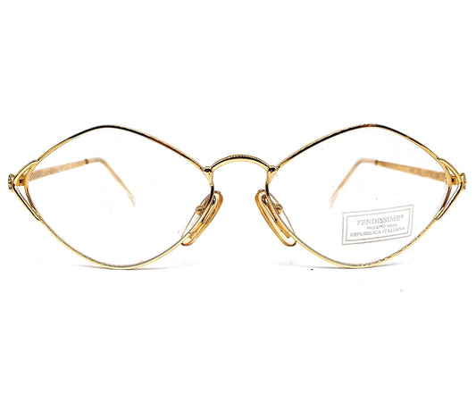 Fendissime satin gold drop shaped lenses with pointing browline minimalistic eyeglasses frames made in Italy, 1980s NOs