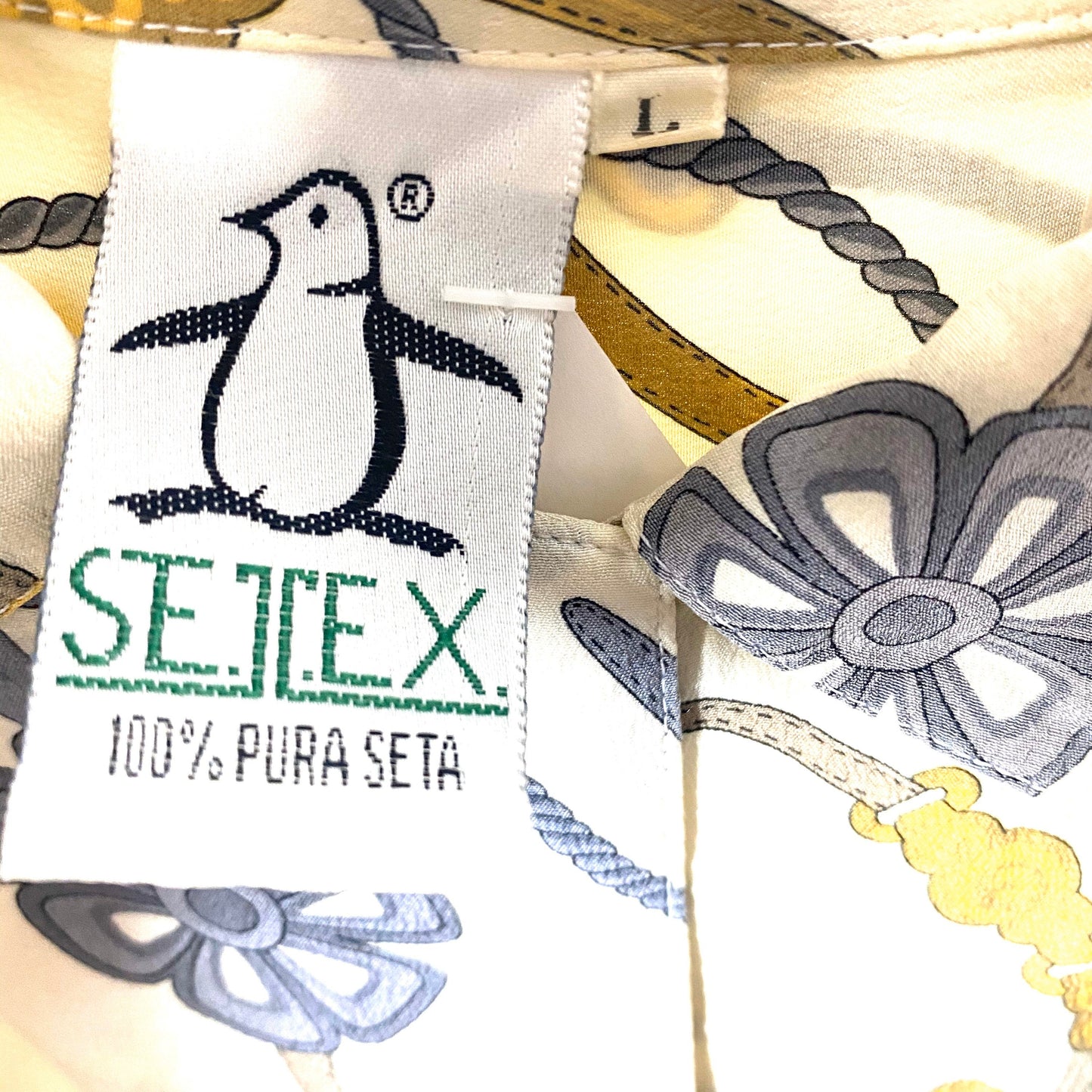 Setex 80s pure silk ecru baroque print shirt with chains and  ribbons, mint condition Italy