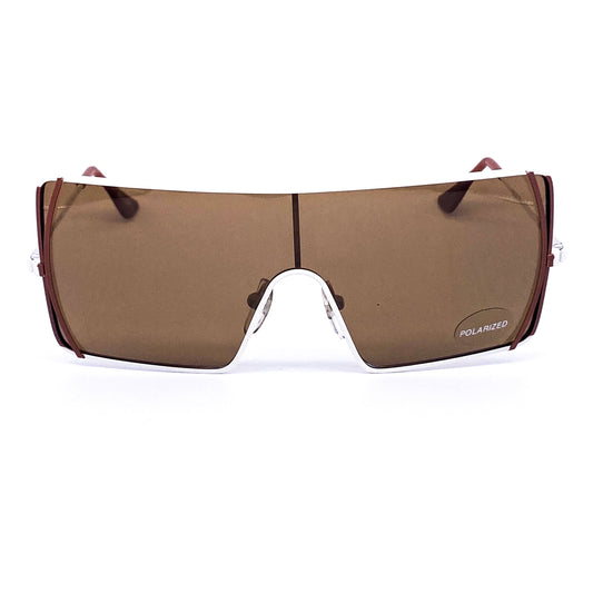 Krizia modernist brown/white metal framed shield wrapping sunglasses with vertical line on the nose bridge area, 1980s NOS made in Italy