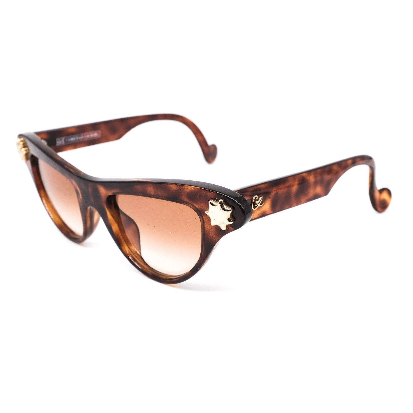 Christian Lacroix 7353 vintage brown tortoise acetate cateye sunglasses with large shiny gold pins on the rim, 80s nos Germany