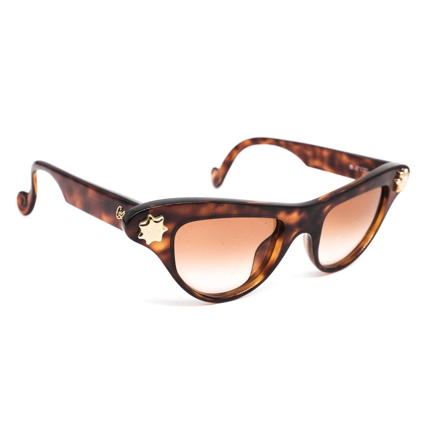 Christian Lacroix 7353 vintage brown tortoise acetate cateye sunglasses with large shiny gold pins on the rim, 80s nos Germany