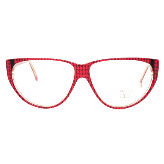 Valentino 129 red cateye cello eyeglasses frames with houndstooth pattern, 1980s NOS Italy