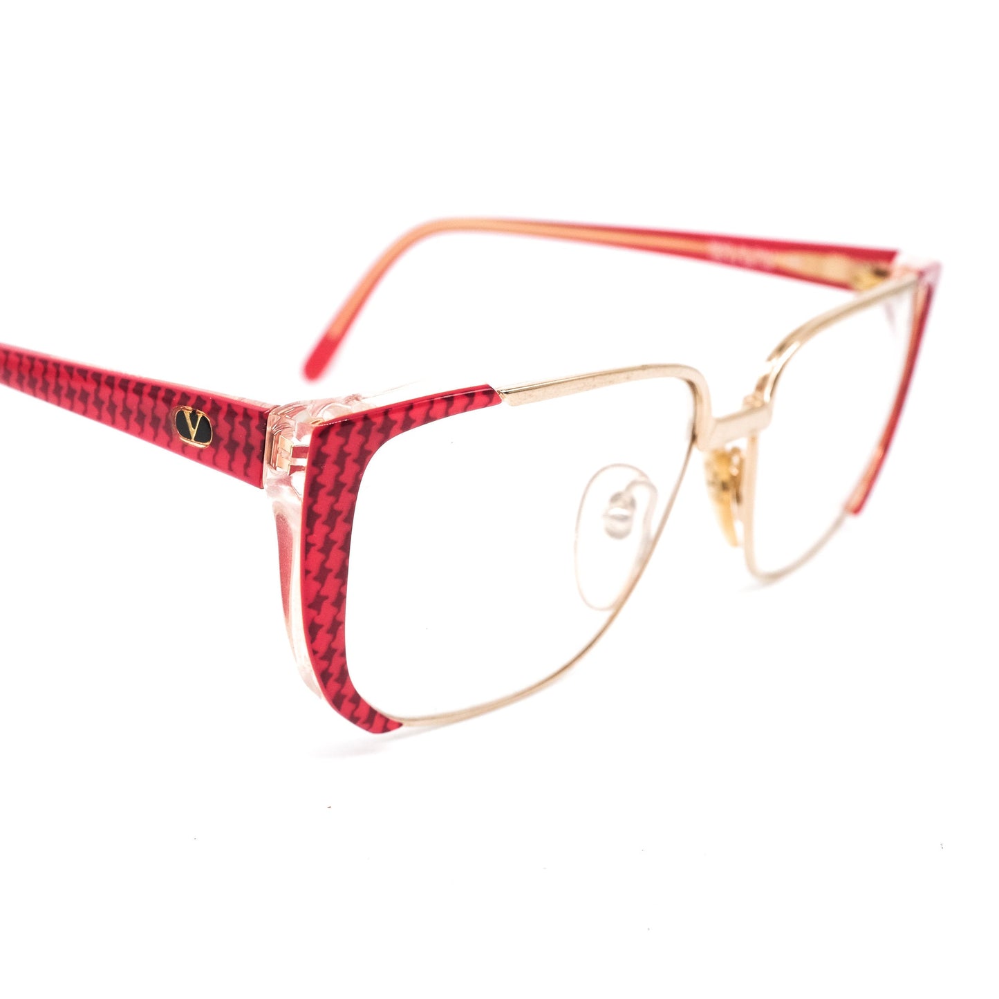 Valentino 133 red cateye cello eyeglasses frames with houndstooth pattern with metal parts in gold, 1980s NOS Italy