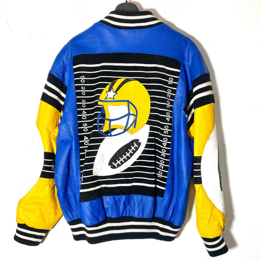 Leather varsity bomber jacket with outstanding  American Footbal themed details, Minty 80s USA