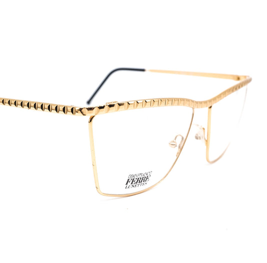 Gianfranco Ferré GFF135 modernist slim golden metal drop cateye eyeglasses frames with specially carved browline/temples, 1990s NOS Italy