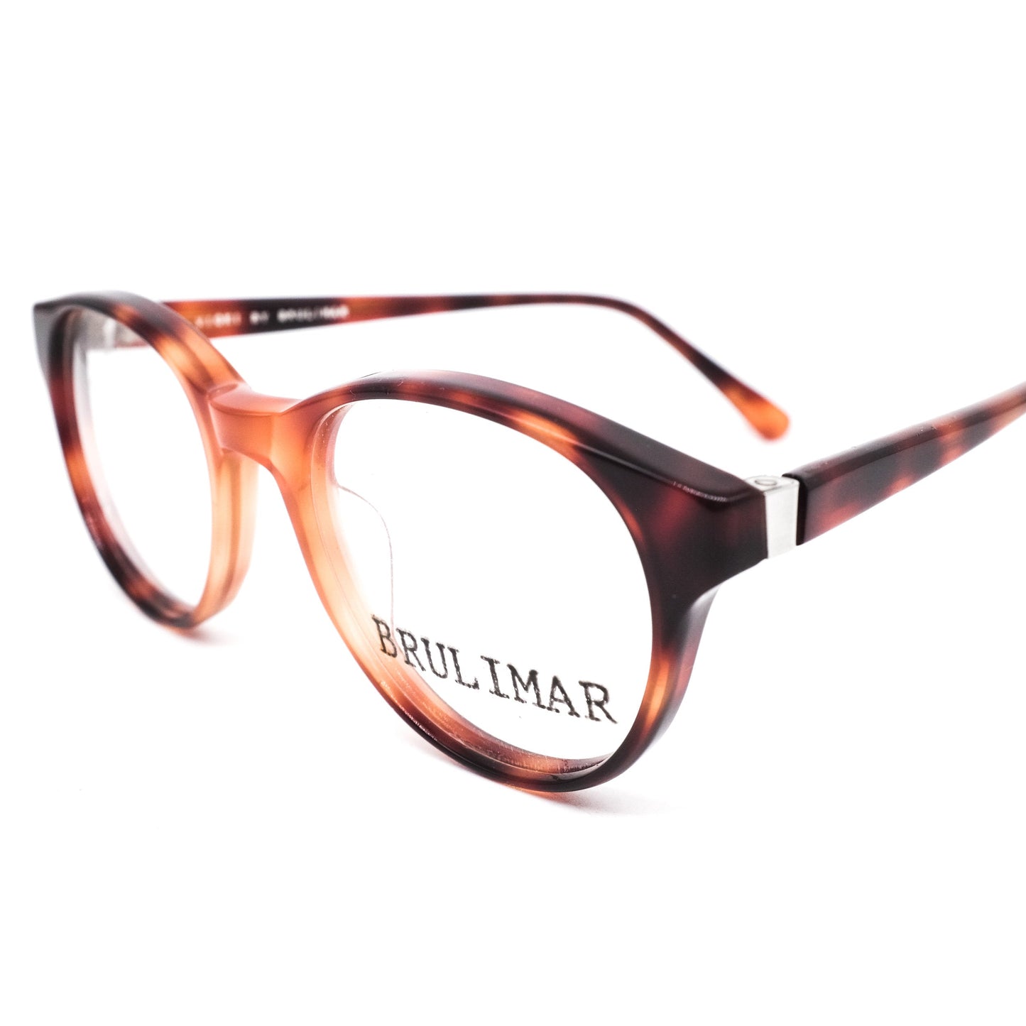 Brulimar vintage brown tortoise acetate round wayfarer style cello eyeglasses with silver details on temples, 1980s NOS