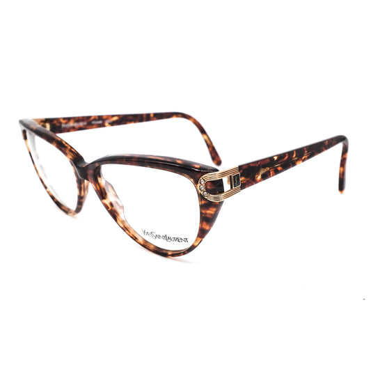 YSL Saint Laurent  5006 brown tortoise acetate cateye eyeglasses with cut off hinges design enriched with rhinestones, 80s nos Italy