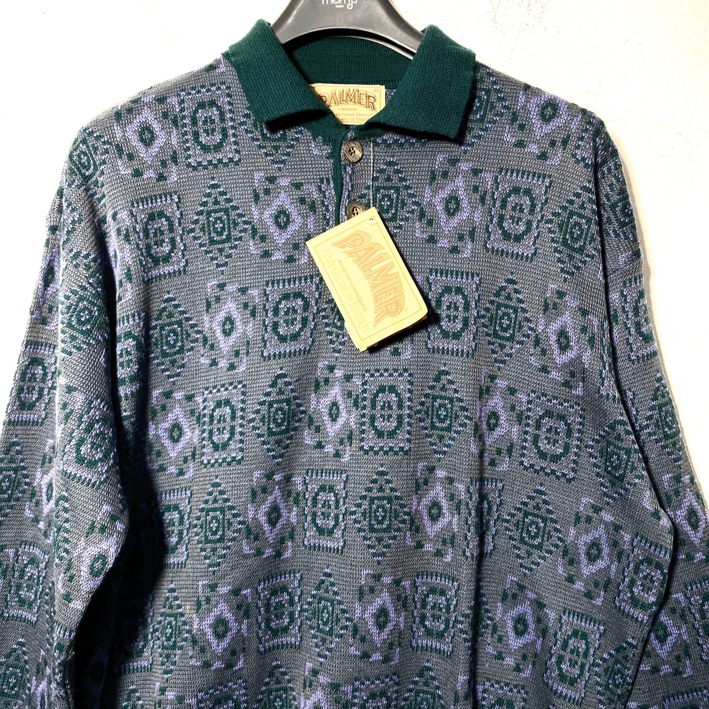 Palmer vintage geometrical allover knitted wool blend pullover with polo collar, mod with tags 80s