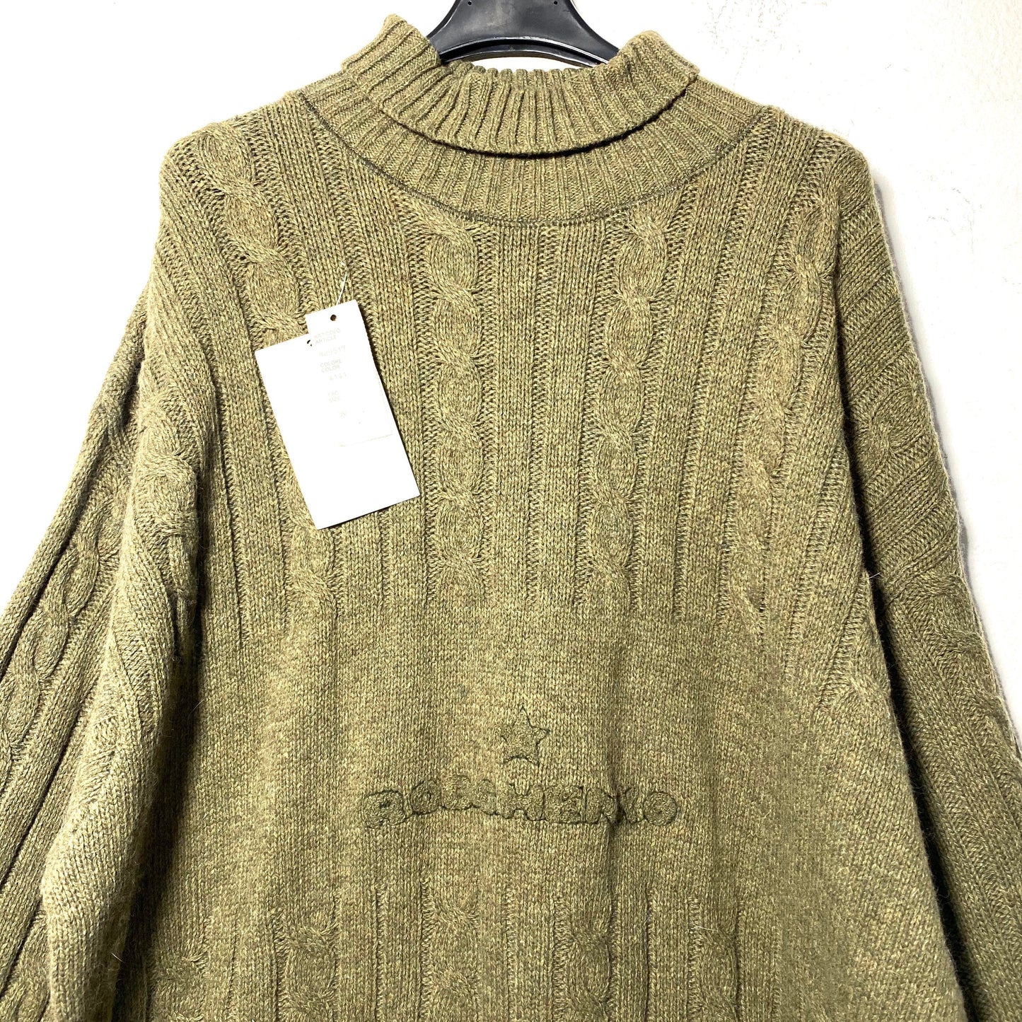 Rodchenko design cable knit turtleneck jumper, military style green knitted sweater, NOs 80s with tags