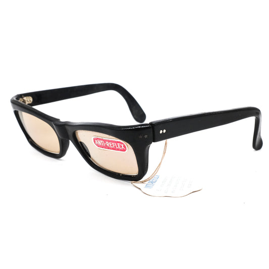 Anti-reflex vintage classy square black acetate sunglasses with light brown lenses, NOS 80s