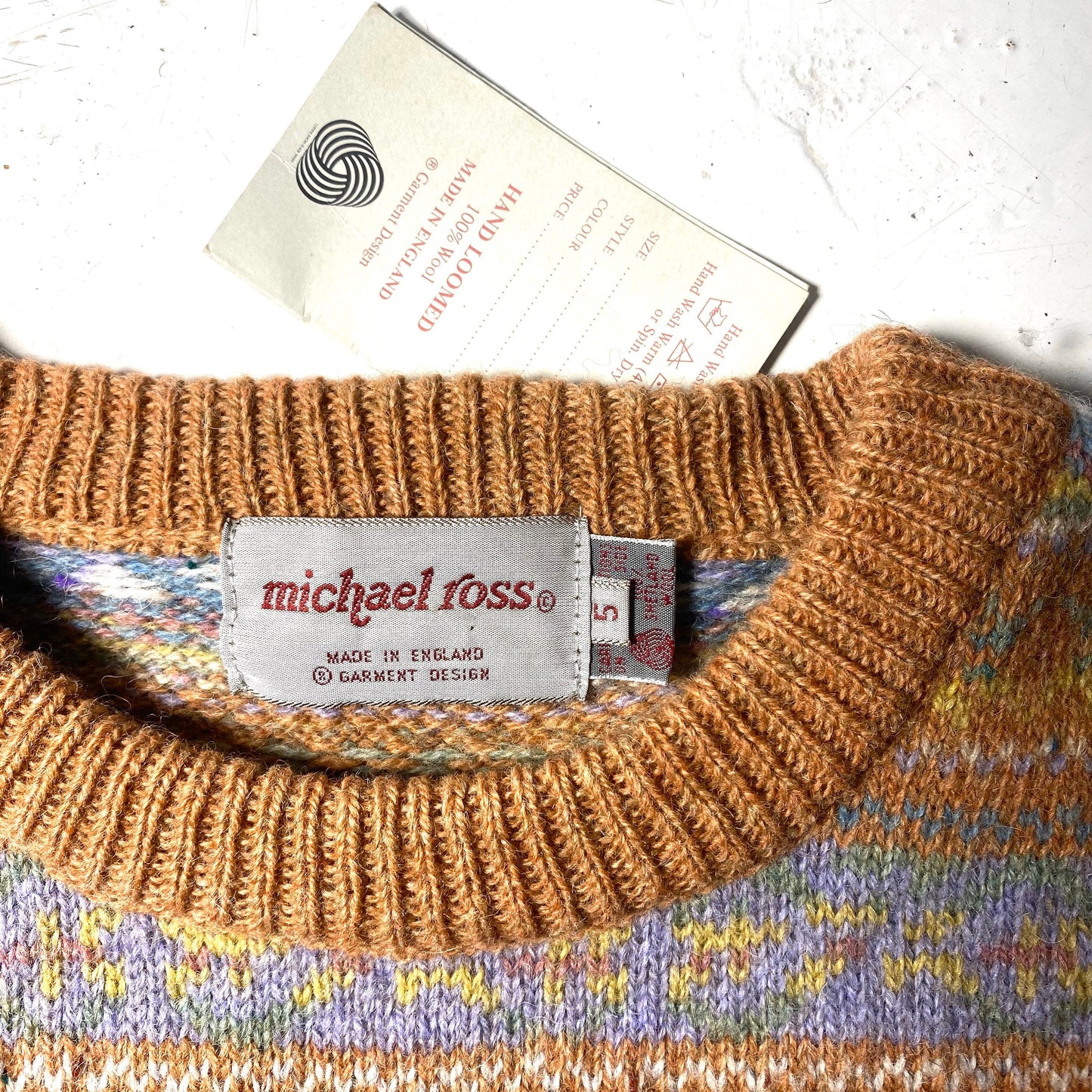 Michael Ross pure new Shetland wool peach base geometrical allover hand loomed  jumper, NWT 80s England